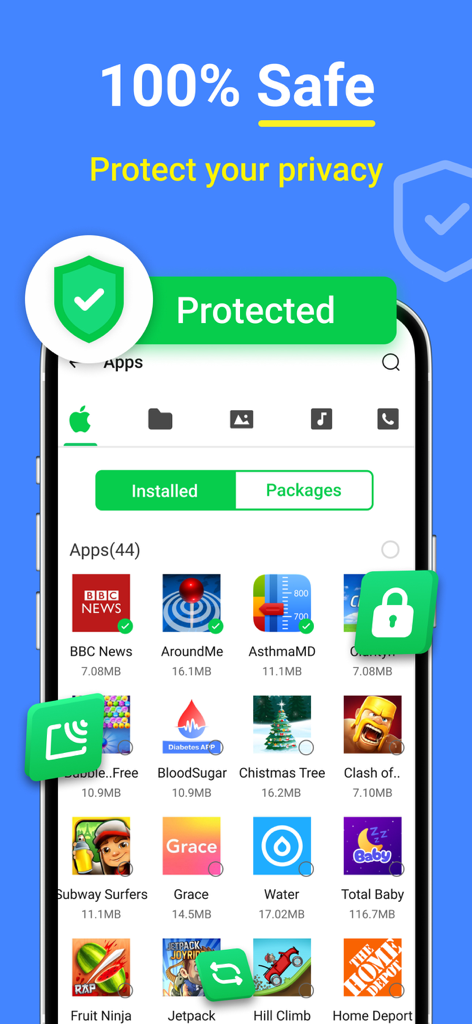 InShare - File Sharing - InShare mobile app interface displaying secure file sharing and privacy protection features.