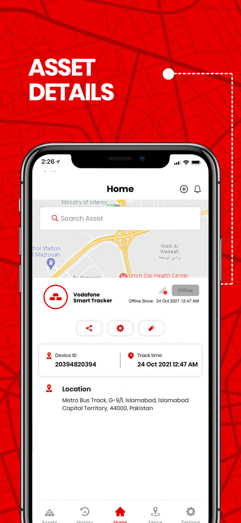 Vodafone Smart Tracker - Interfaccia dell'app Vodafone Smart Tracker che mostra i dettagli dell'asset e la posizione sulla mappa