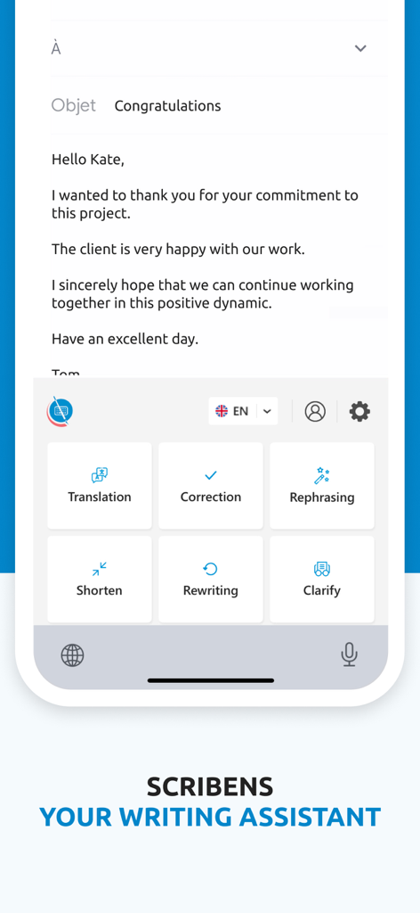 Scribens - Correcteur - Scribens AI writing assistant keyboard showing tools for correction translation and rephrasing on an iPhone