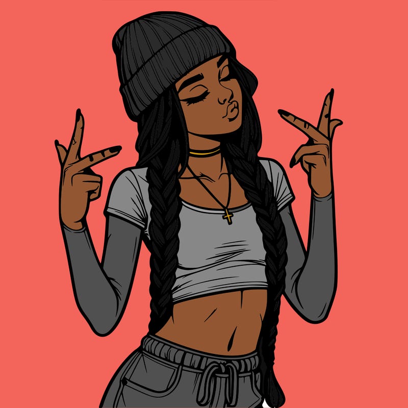 realistic teenage girl with braids and a beanie and crop top doing 🫶🏼