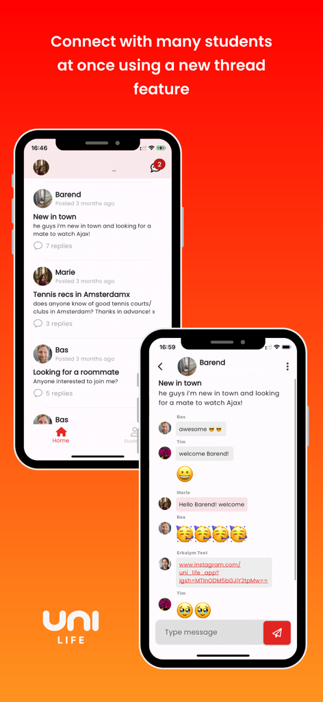 Uni-Life - Uni-Life mobile app showing a student community feed and thread chat feature.