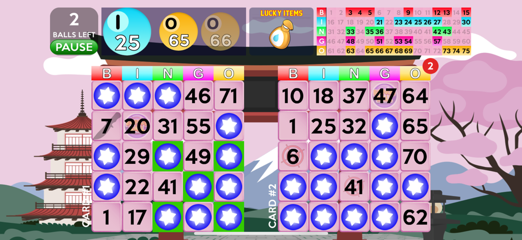 Bingo Deluxe - Gameplay of Bingo Deluxe showing two active cards with star markers and a Japanese city theme