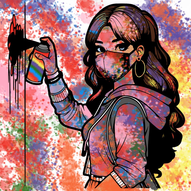 realistic girl with mask spray painting a wall