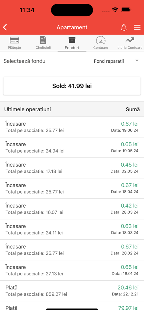 homefile - Homefile mobile app interface showing apartment fund balance and recent payment transactions history