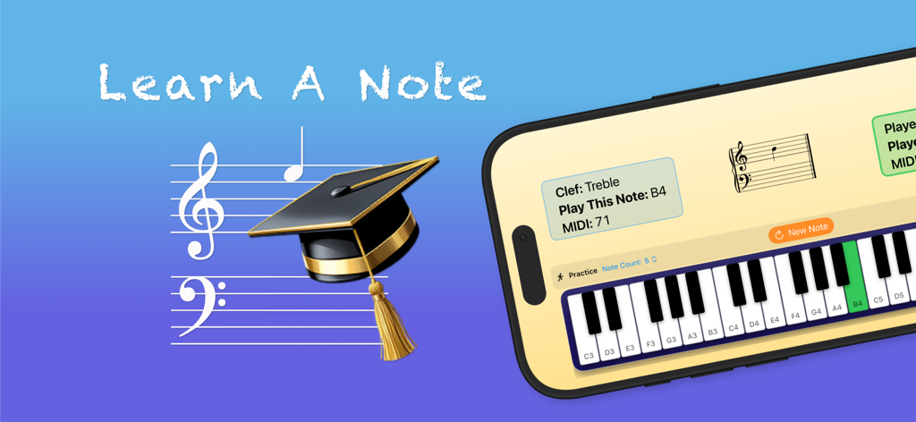 Learn A Note: Note Practice - Interface do aplicativo Learn A Note em um smartphone com teclado de piano e notas em uma pauta musical