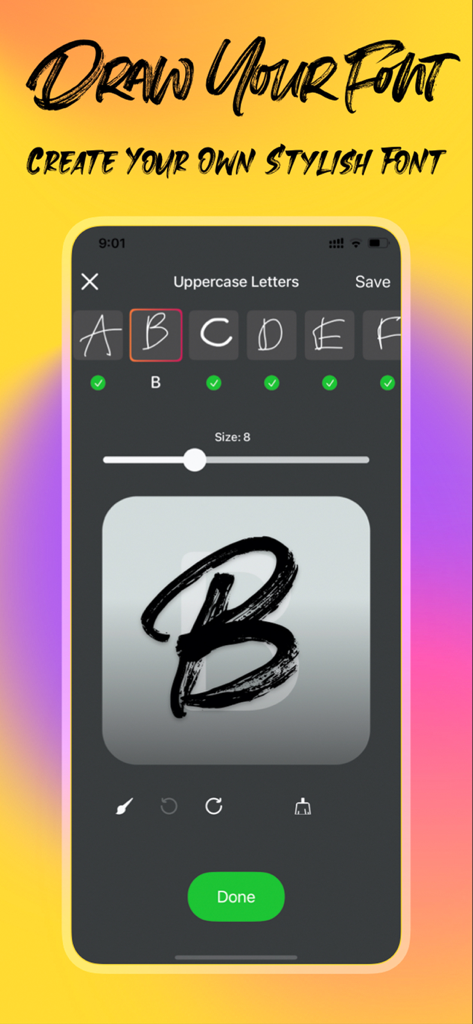 Interface of the Font Maker Handwriting app showing a user drawing a custom uppercase letter