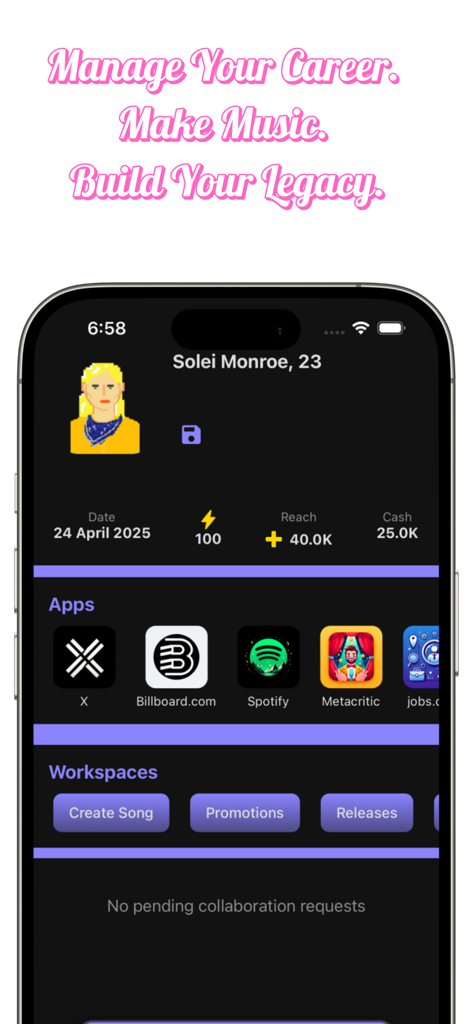 Essential Popstar Life Sim - Vista del panel de control de Essential Popstar Life Sim que muestra estadísticas del personaje, aplicaciones de carrera y opciones de creación de música.