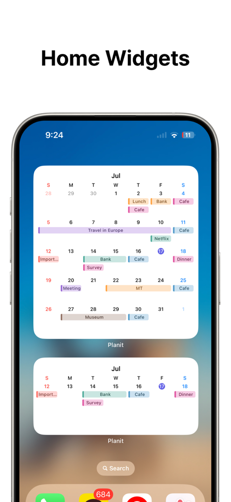 iPhone home screen displaying Planit app widgets with a colorful monthly calendar and weekly schedule.