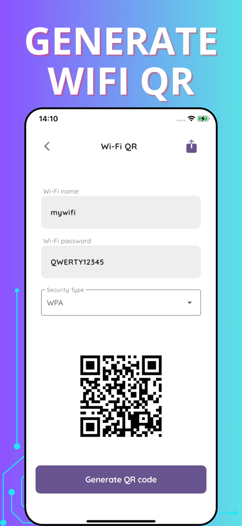 Wifi password auto - ネットワーク名とパスワードを共有するためのWi-Fi QRコードを生成するためのモバイルアプリインターフェイス