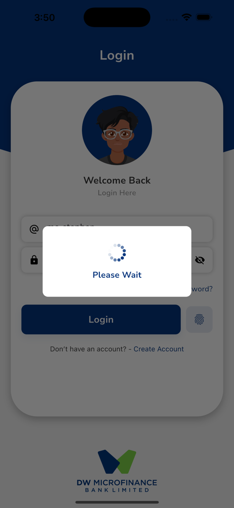 DW MFB - DW MFB app login screen with a loading modal and user avatar
