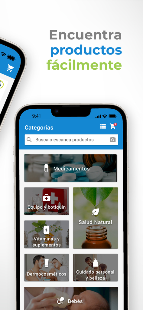 Pantalla de la aplicación San Pablo Farmacia mostrando varias categorías de productos como medicinas, salud natural y vitaminas
