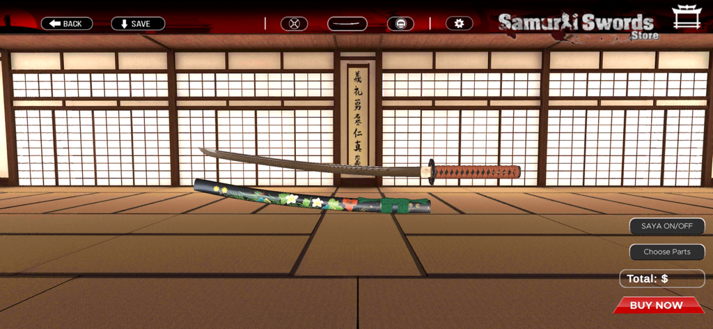 3D customization interface for a samurai katana and scabbard in a traditional Japanese setting