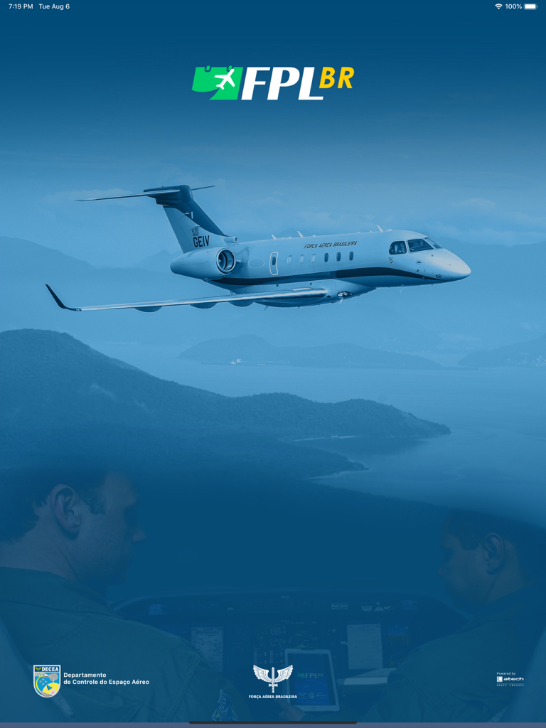ブラジル空軍のジェット機とコックピット内のパイロットが表示されているFPL BR EFB航空アプリのスプラッシュスクリーン