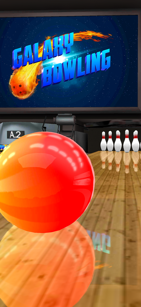 Galaxy Bowling HD - 3D bowling alley gameplay with a large orange ball and pins in Galaxy Bowling HD