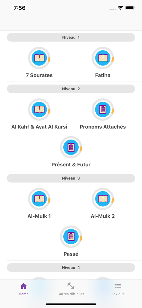 Alimnee+ - Interface of Alimnee plus app showing study levels for Quranic Arabic and grammar.