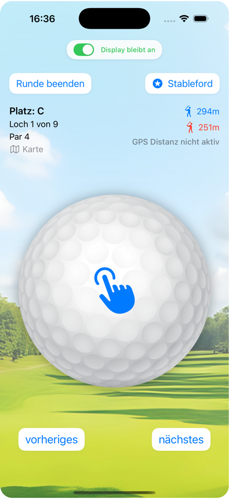 StrokeTap- Simple Golf Counter - StrokeTap mobile app screen showing a large golf ball button for simple stroke counting during a golf round
