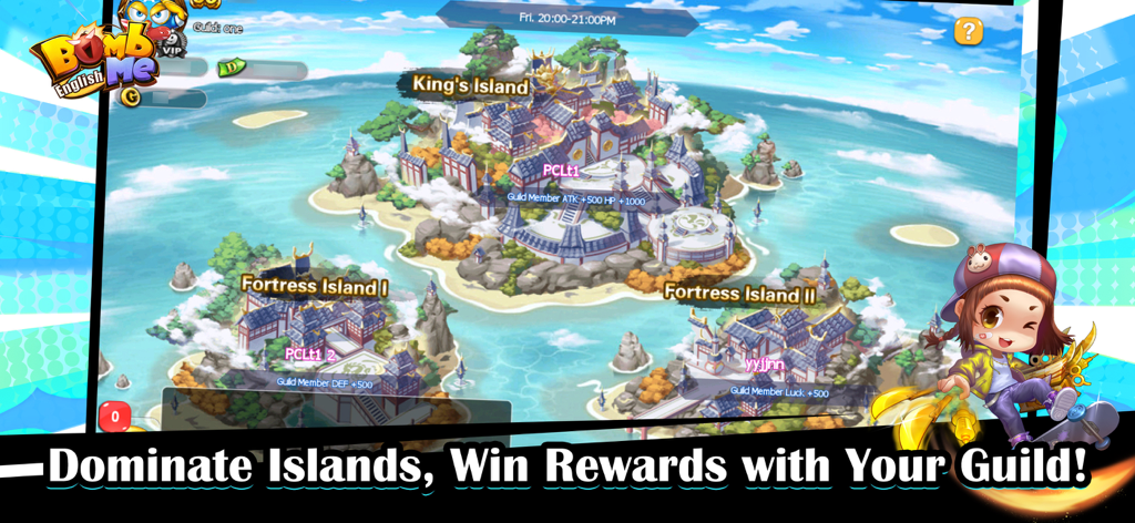 Kartenansicht von Inseln in Bomb Me English, die das Gilden-Dominanz-Gameplay und einen Chibi-Charakter zeigt