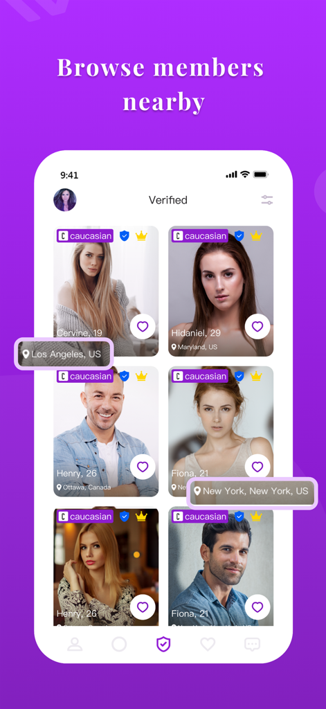 Tela do aplicativo ICupid mostrando uma grade de perfis verificados com tags de localização para Los Angeles e Nova York.