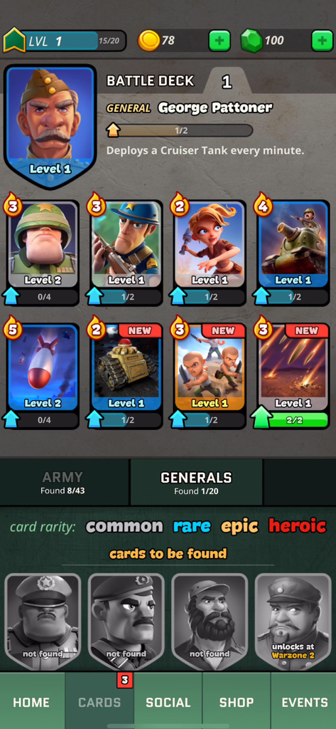 War Heroes battle deck menu showing military unit cards and general selection