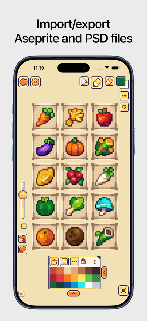Pixquare app interface on iPhone showing pixel art fruit icons and file compatibility text