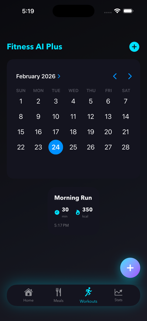 Fitness AI Plus - Fitness AI Plus app interface showing a monthly workout calendar and a logged morning run with duration and calorie details.