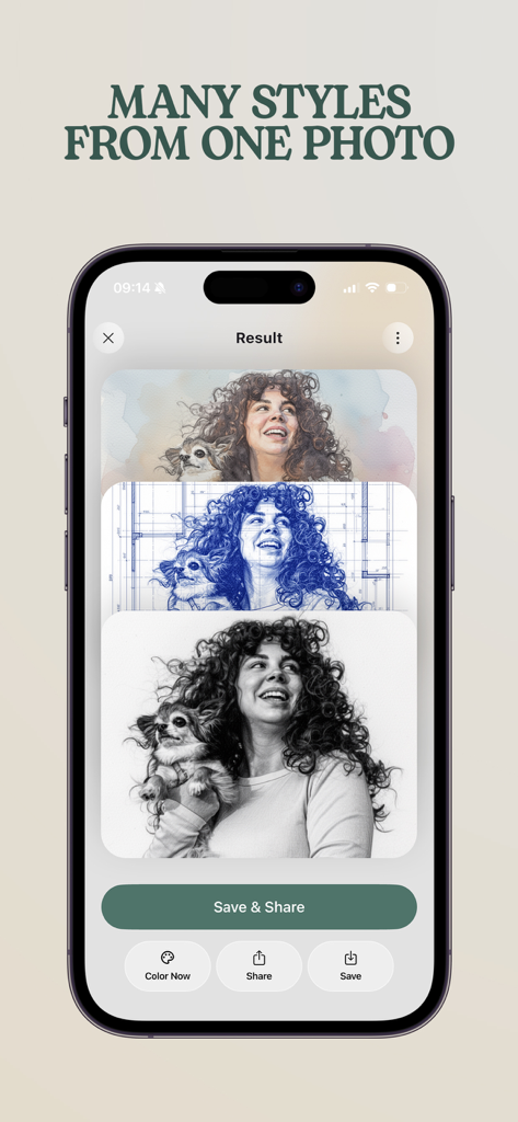 Flow-Coloring Book for Adults - Screenshot of Flow app showing different AI styles generated from one photo of a woman and her dog