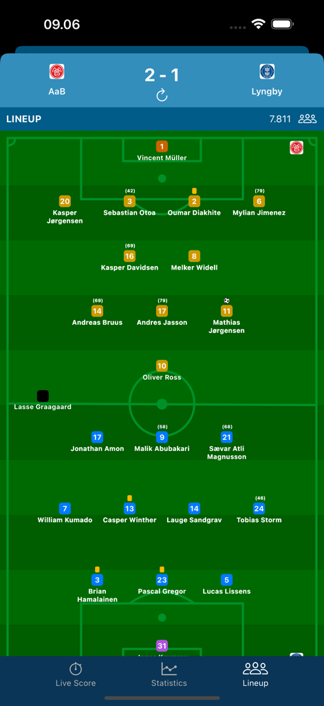 Football match lineup screen showing player positions for AaB versus Lyngby