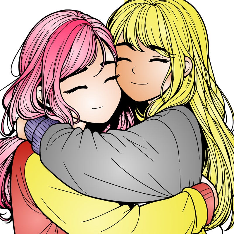 realistic two girls hugging