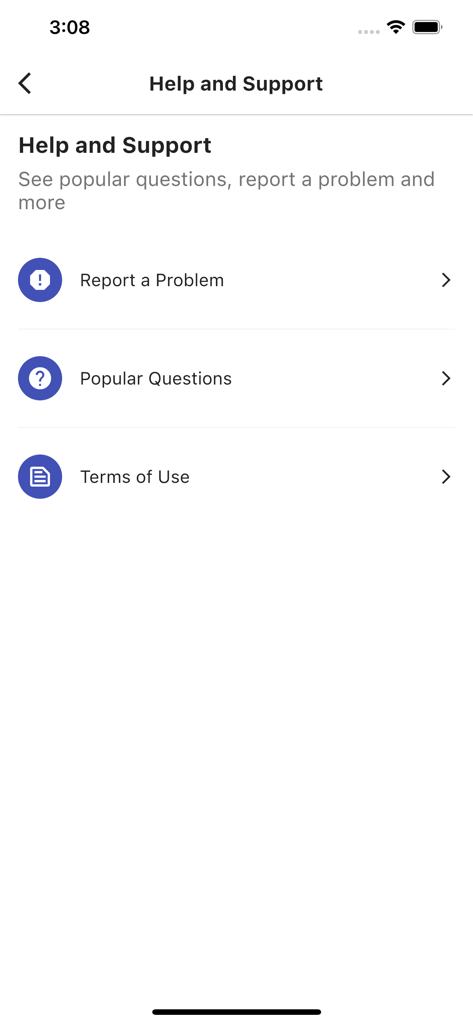 Menu d'aide et de support de l'application WorldLink Wi-Fi avec des options pour signaler un problème ou consulter les questions fréquentes