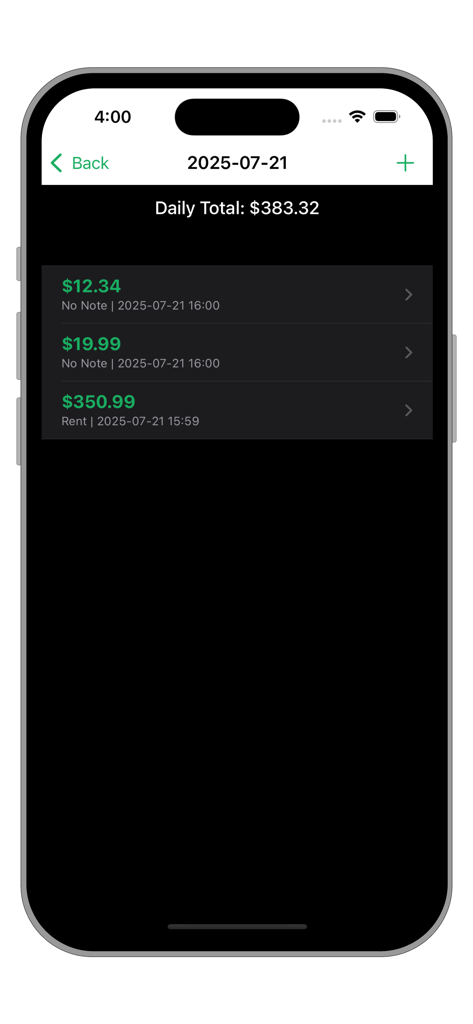 A mobile app screen showing a daily savings list with a total of 383.32 dollars and individual entries.