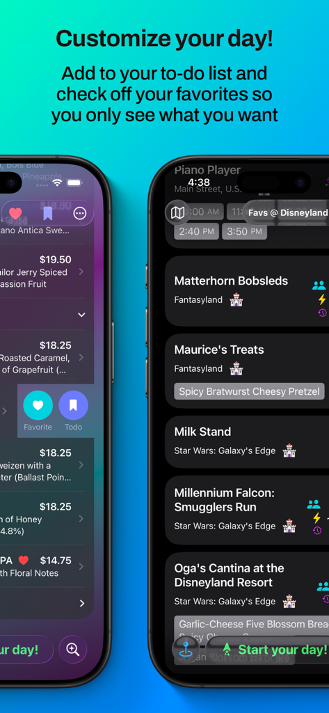 MagicMapper for Disneyland - Captura de pantalla de la aplicación MagicMapper mostrando opciones para personalizar un día en Disneyland con una lista de tareas y atracciones favoritas