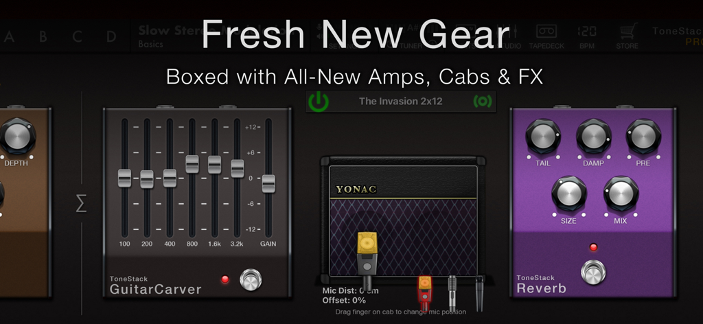ToneStack PRO Guitar Amps & FX - Interfaz de ToneStack PRO mostrando pedales de guitarra virtuales y una cabina de amplificador