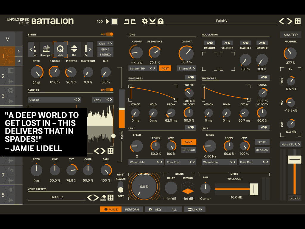 Detailed sound synthesis and modulation interface of the Battalion drum machine iPad app