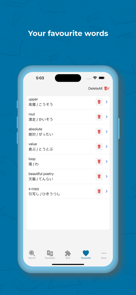 Japanese Dictionary & Trans - A list of favorite saved English to Japanese translations in the mobile app.