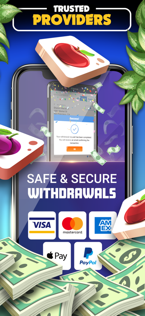 Safe and secure withdrawal options for Mahjong Solitaire Cash Master prizes including PayPal and credit cards
