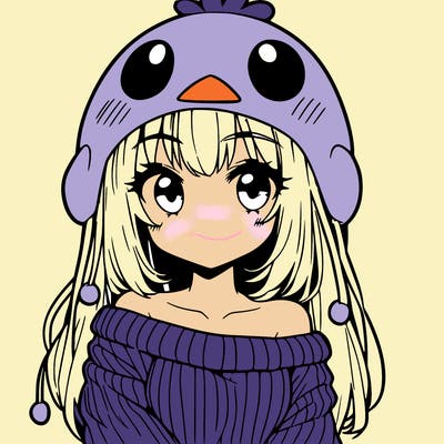 anime girl with chick shaped hat with sweater with bare shoulders with bangs covering them one eye with low tail