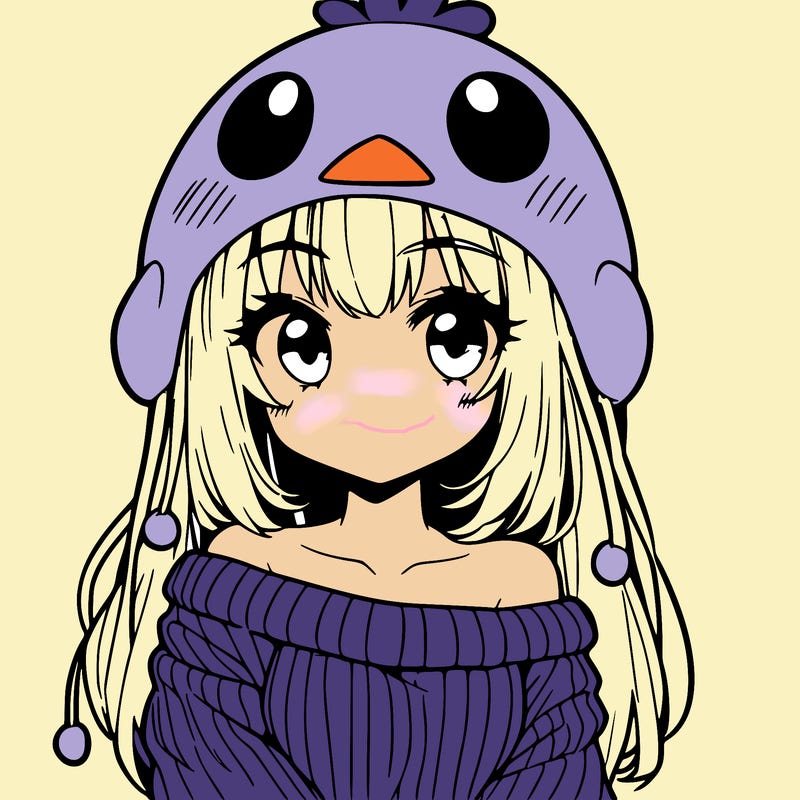 anime girl with chick shaped hat with sweater with bare shoulders with bangs covering them one eye with low tail