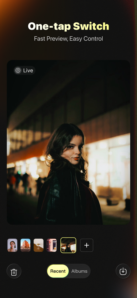 User interface of Kapi Cam showing a one-tap switch feature with a vintage portrait of a woman in a night street setting.