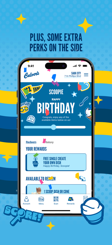 Culvers mobile app screen showing birthday rewards for a free frozen custard scoop