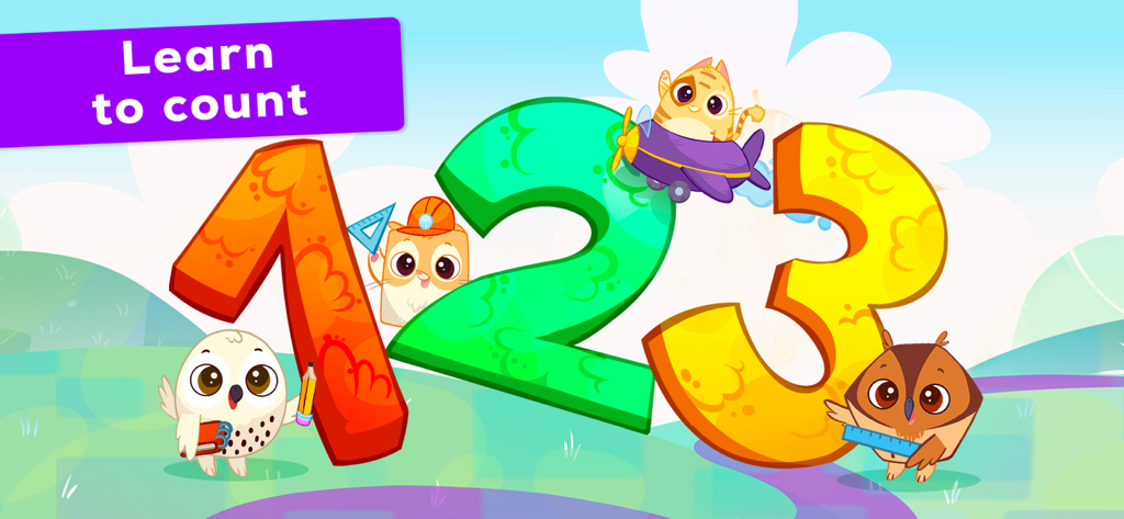 Bibi Numbers 123 - Kids Games - Colorful cartoon numbers one two and three with cute Bibi Pet animal characters and a learn to count banner