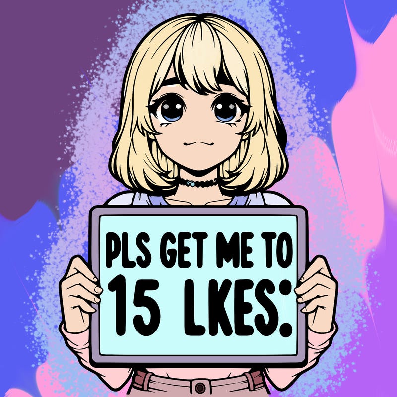 realistic girl holding up a sign that says “pls get me to 15 likes!”