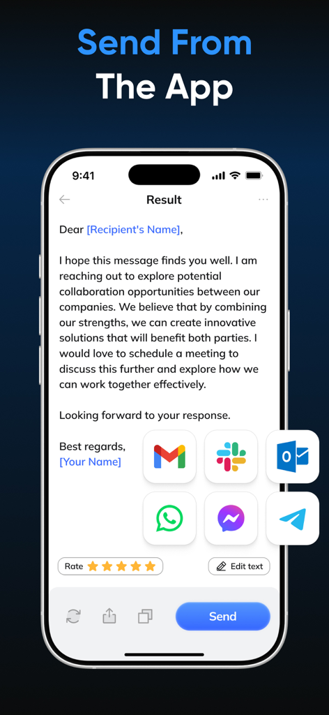 AI Email Writer: Lazy Mail - A mobile app screen showing an AI-generated professional email draft with options to share via Gmail Slack Outlook and WhatsApp