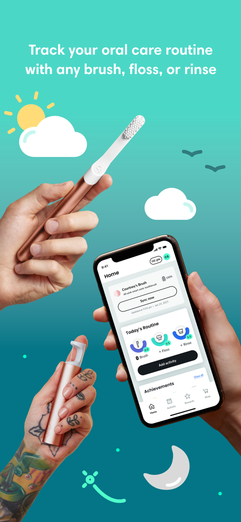 quip 歯ブラシと、オーラルケアルーチントラッキングアプリのインターフェースが表示されたスマートフォンを持っている人。