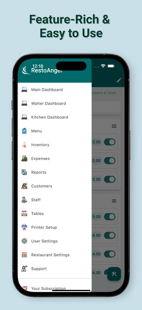 A sidebar menu of the Restaurant POS app displaying dashboard options for waiters and kitchen staff alongside inventory and expense management tools