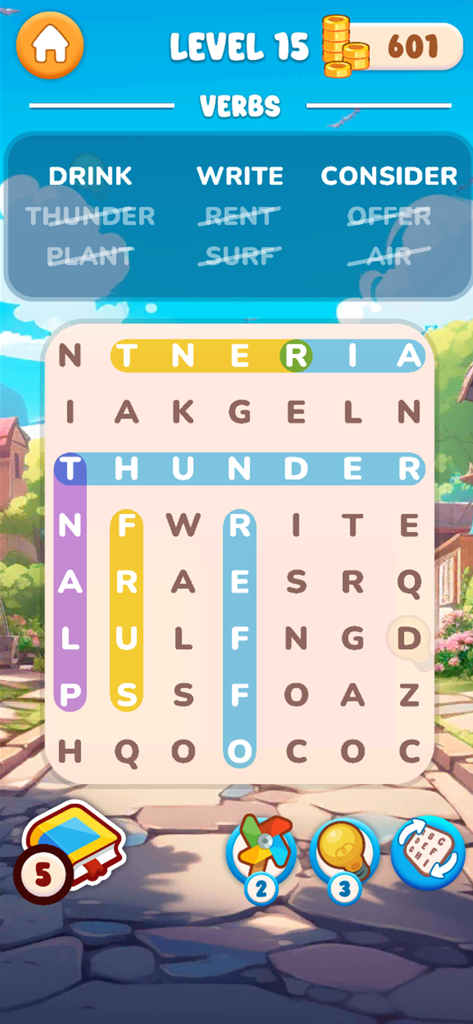 A gameplay screen of the Word Search English app showing a verbs themed puzzle with several words highlighted on a grid.
