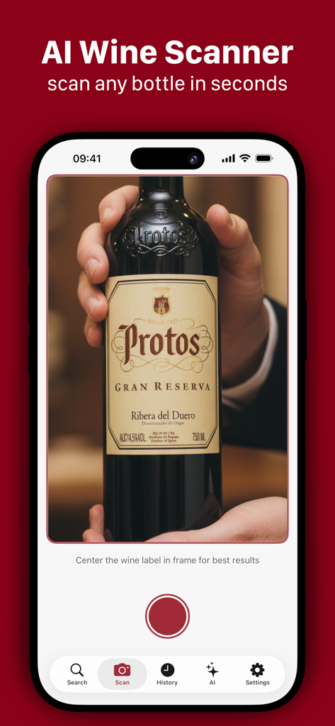 Mobile app interface of Wine AI showing the wine label scanning feature with a bottle of Protos wine