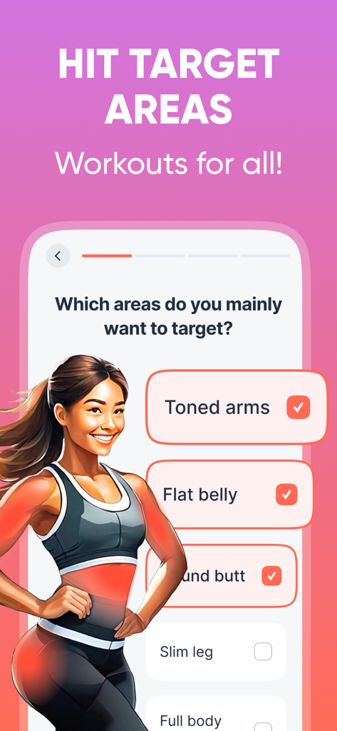 EasyFit - Lazy Workout at Home - Pantalla de la aplicación EasyFit que permite a los usuarios elegir áreas de entrenamiento objetivo como brazos tonificados y abdomen plano.