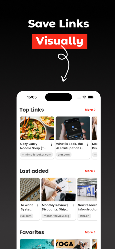 Linki: Save Links & Bookmarks - Linki app interface showing a visual dashboard of saved bookmarks with thumbnails and categories