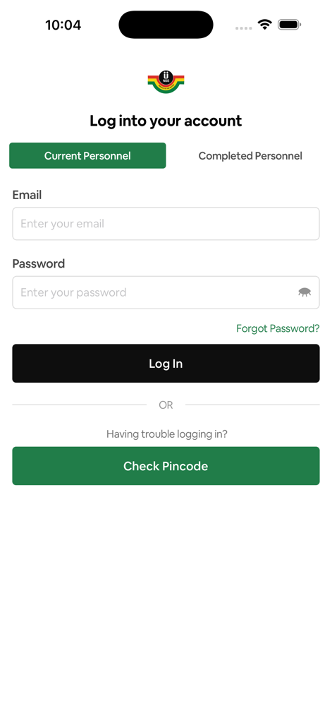 NSS Connect - NSS Connect アプリのログイン画面。メールとパスワードの入力フィールド、および現在または完了した担当者の切り替えが表示されます。