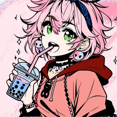 hot baddie anime girl drinking boba and biting the straw